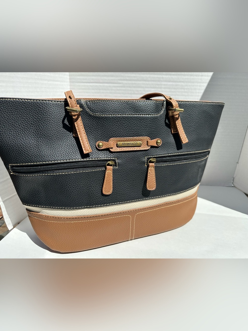 Stone & Co. Leather Large Tote Bag Black Brown Cream Classy Modern Bag